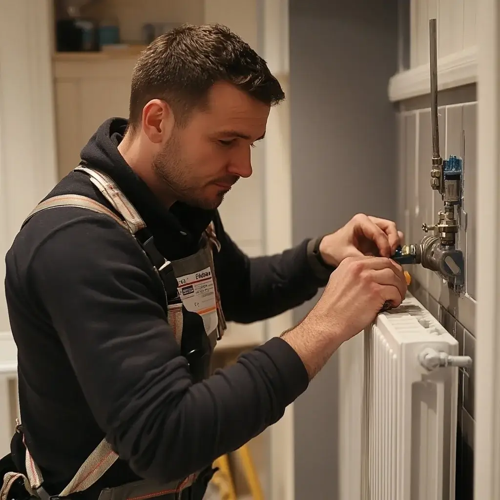 the plumber fixes the heating