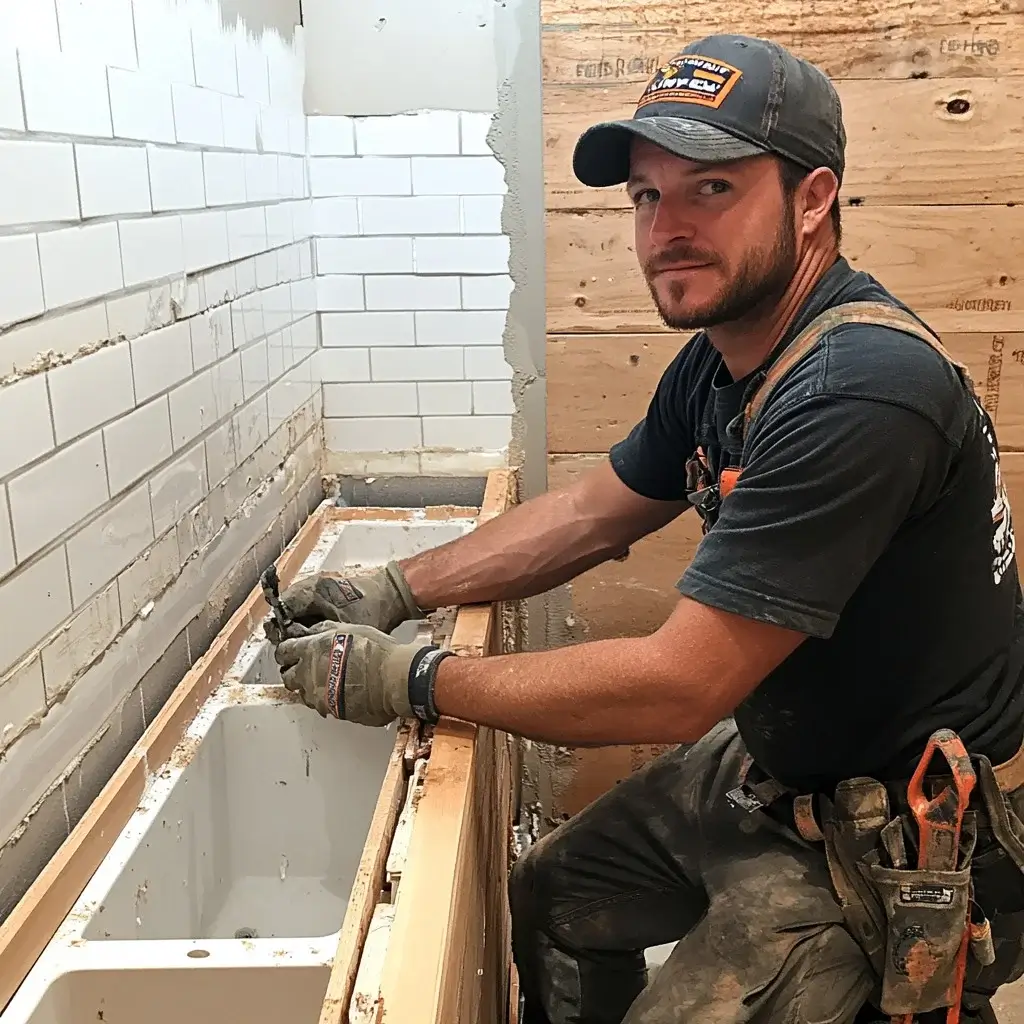 the plumber is renovating the bathroom
